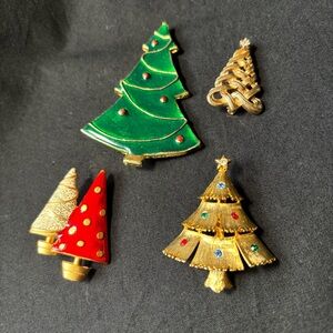Set of 4 different Christmas Tree Pins-Gold Crown-Avon. Enamel, Rhinestones